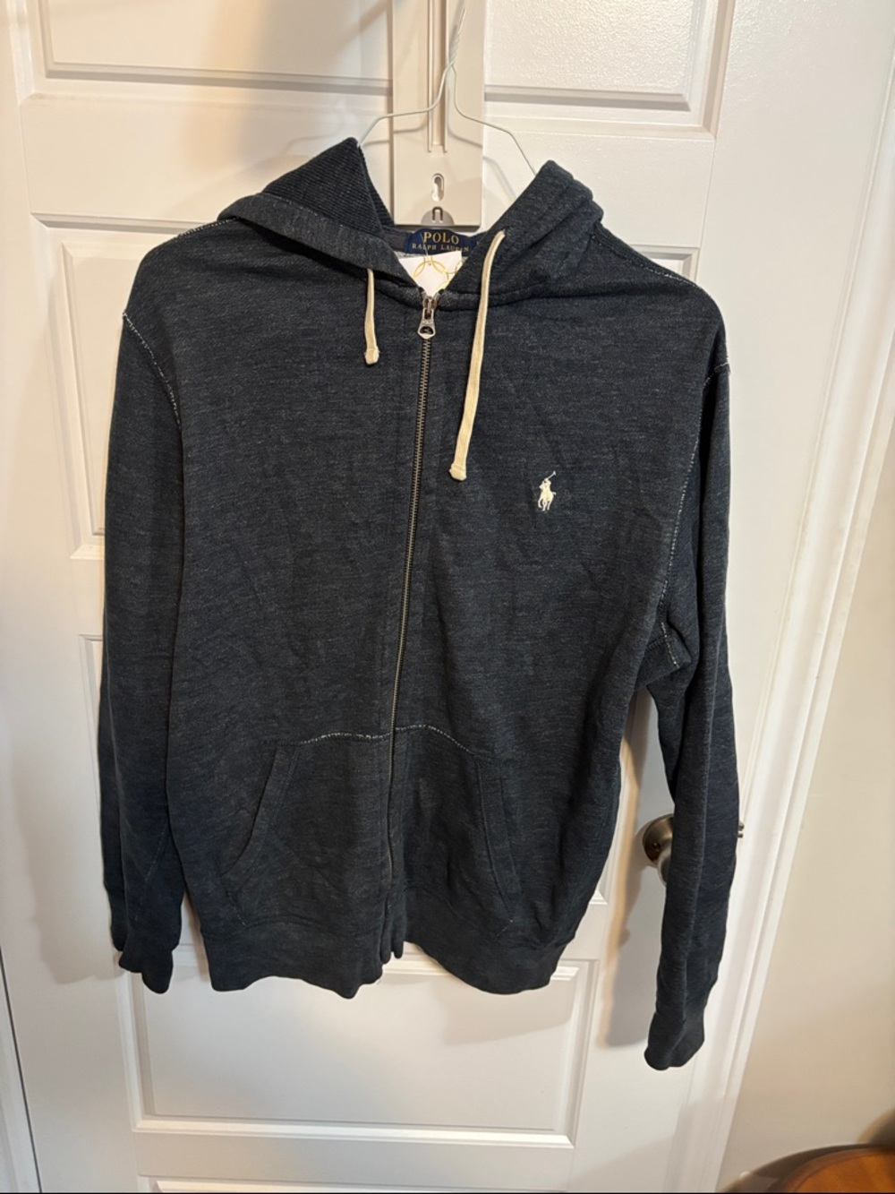 Polo by Ralph Lauren Men's Navy Zip-Up Hoodie Sweater with Cream Drawstrings